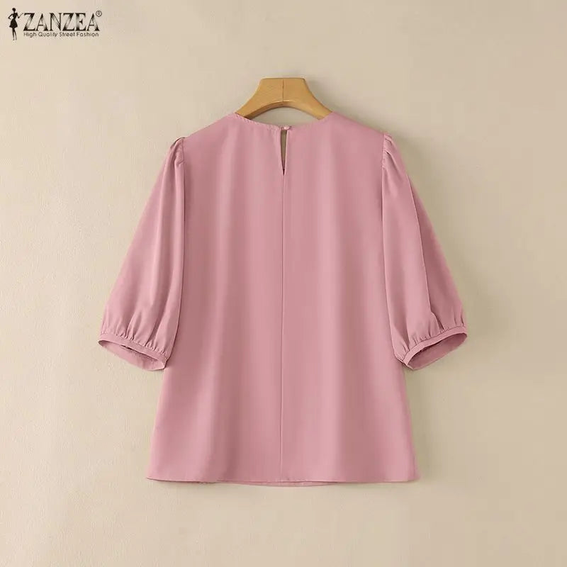 ZANZEA 2026 Summer Casual Pintuck Blouses Woman Round Neck Half Puff Sleeve Solid Color Tops Everyday Wear Comfort Blusas Mujer