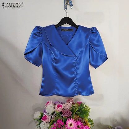 ZANZEA Woman Elegant Satin Shirts Summer Lapel Collar Asymmetric Placket Short Petal Sleeve Tops Vintage Party Chemises Femme