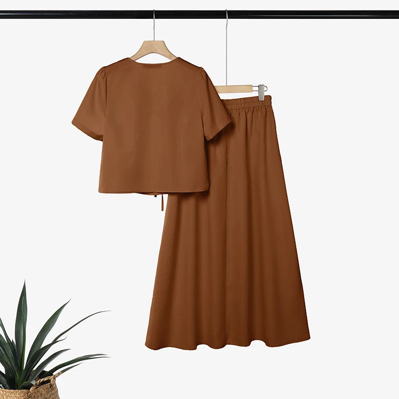 ZANZEA Summer 2PCS Outfits Stylish V Neck Short Sleeve Blouse Dress Sets Casual A Line Skirt Suit Elegant Women 2 Pieces Sets
