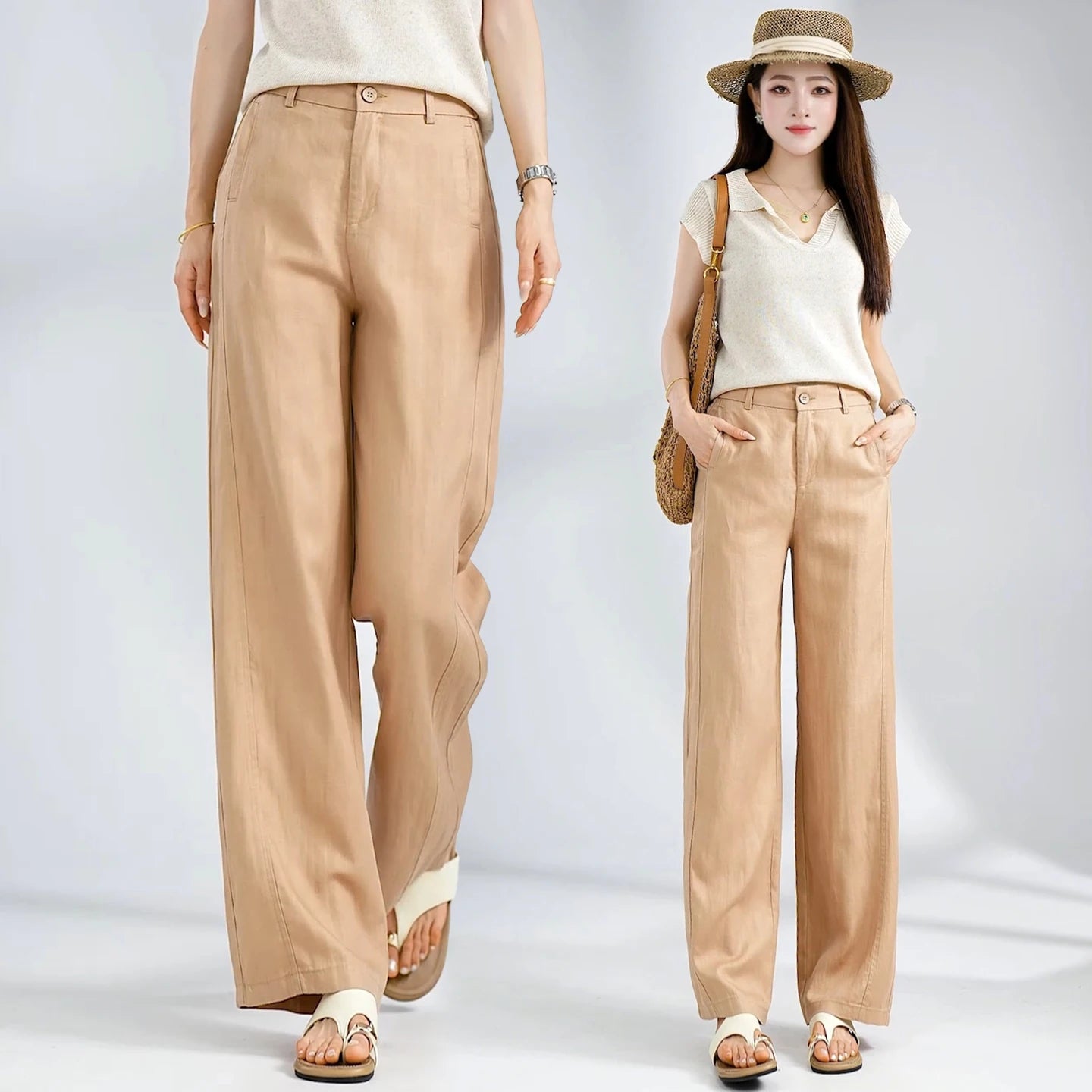 Summer Thin Linen Wide Leg Pants Women Casual Loose Drape Straight Leg  Pants High Waist Comfortable Breathable Cool