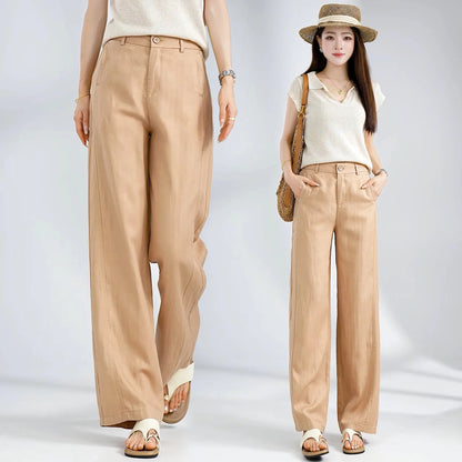Summer Thin Linen Wide Leg Pants Women Casual Loose Drape Straight Leg  Pants High Waist Comfortable Breathable Cool