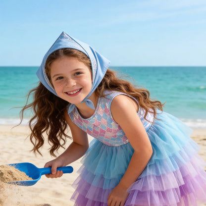 VIKITA Kids Pastel Ombre Lavender Mermaid Print Beach Vacation Dress Girls Sleeveless Summer Gradient Layered Party Tutu Dresses
