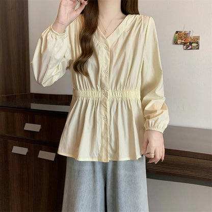 200 Pounds Plus Size Elastic Waist Summer Shirt And Blouse  Solid Top Women's New In Clothes Simple V-neck French