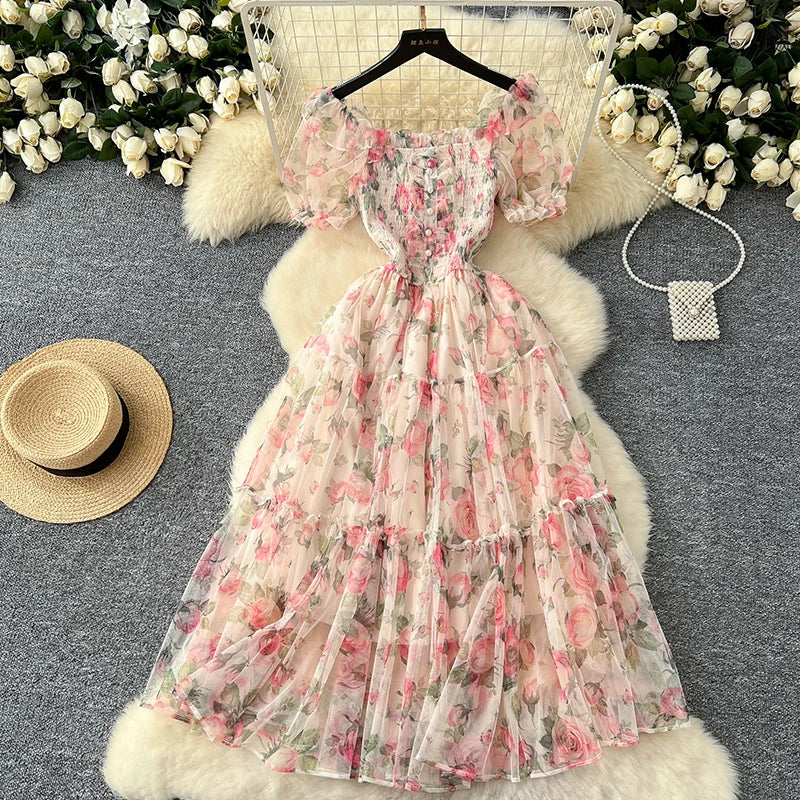 Summer Vintage French Mesh Dress for Women New Waist Cinched Slash Neck Bubble Sleeves Sweet Floral Chiffon Dress Female C146