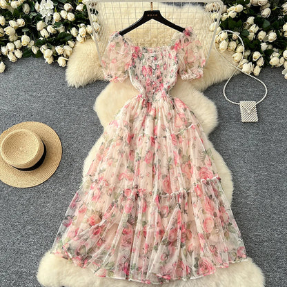 Summer Vintage French Mesh Dress for Women New Waist Cinched Slash Neck Bubble Sleeves Sweet Floral Chiffon Dress Female C146