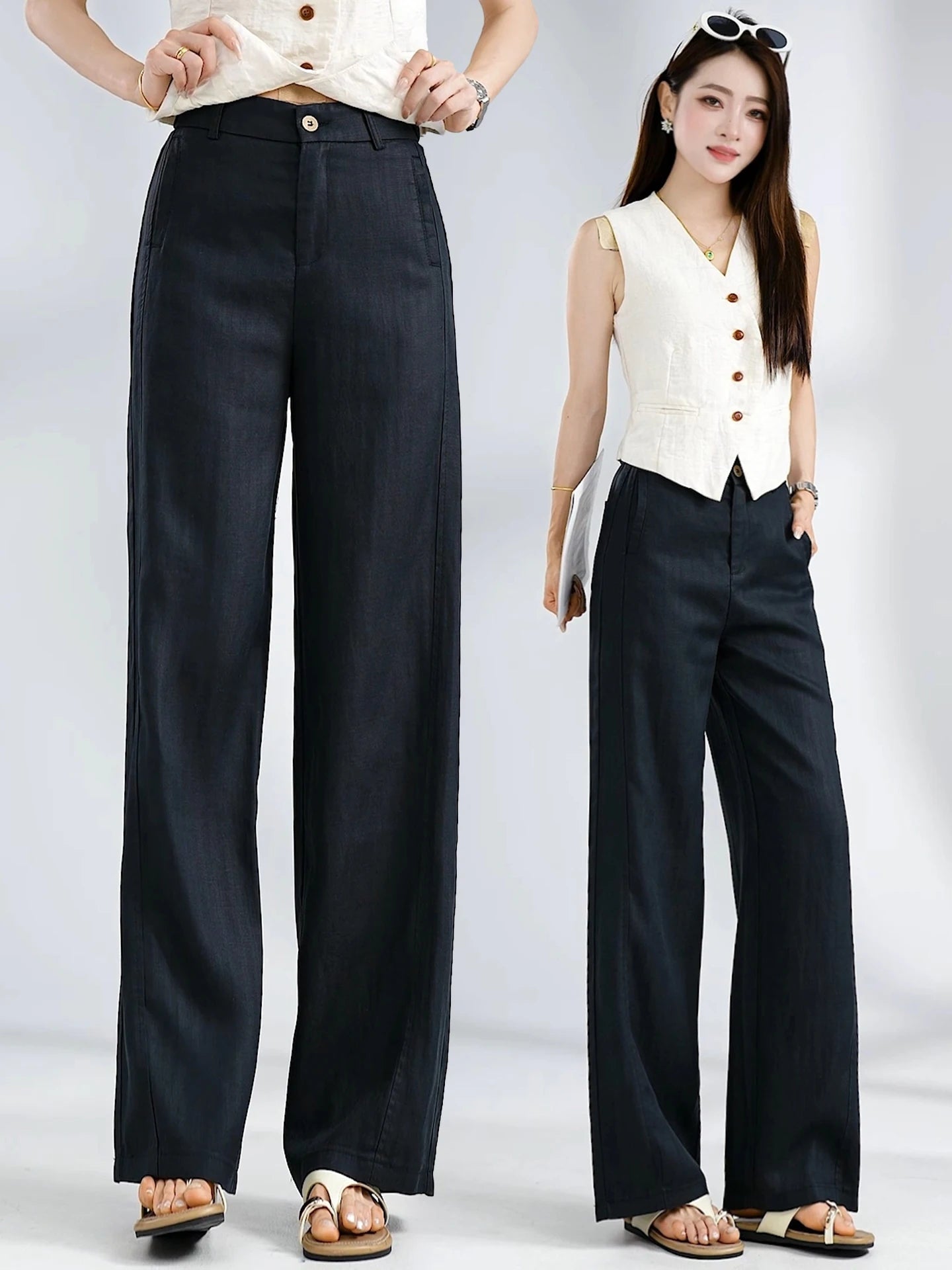 Summer Thin Linen Wide Leg Pants Women Casual Loose Drape Straight Leg  Pants High Waist Comfortable Breathable Cool