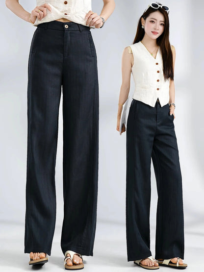 Summer Thin Linen Wide Leg Pants Women Casual Loose Drape Straight Leg  Pants High Waist Comfortable Breathable Cool