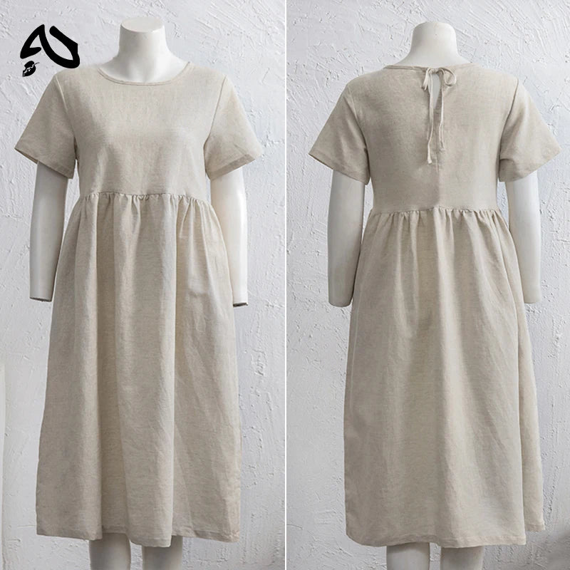 Original Women Cotton Linen Midi Dresses Summer Chic Female Vestidos Loose Soild A-Line Dress Short Puffy Sleeve Casual Sundress