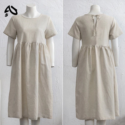 Original Women Cotton Linen Midi Dresses Summer Chic Female Vestidos Loose Soild A-Line Dress Short Puffy Sleeve Casual Sundress