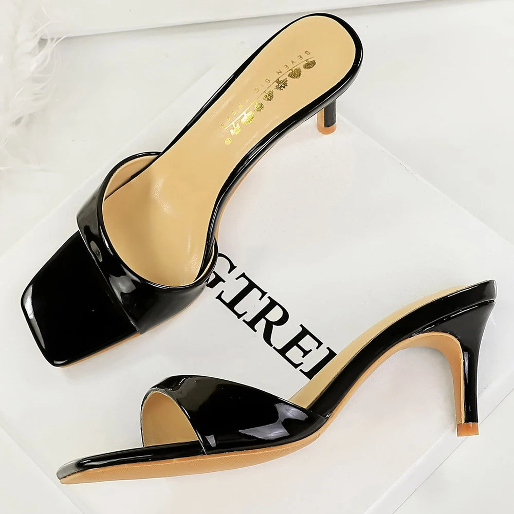 Sexy Open Toed High-Heeled Sandals Women Shoes Summer Square Head Women Slippers Stiletto Heels 7.5 cm Patent Leather Lady Heels