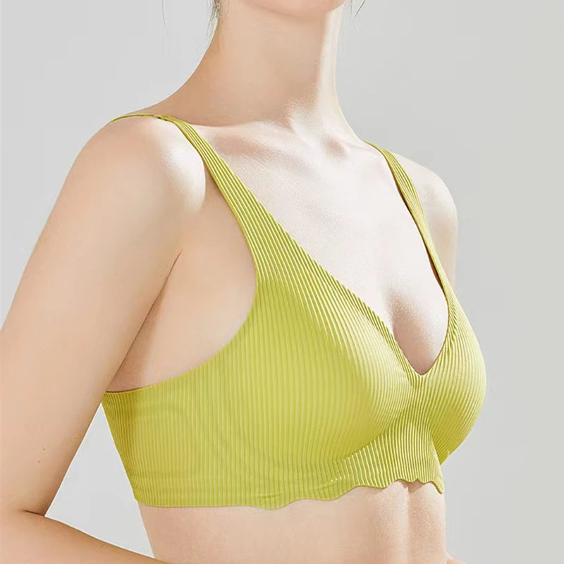 Seamless Women's Bra Small Chest Big Hollow Design Underwear Support Non-removable Semi-fixed Cup One Piece Striped Thin Bra
