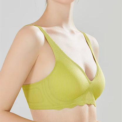 Seamless Women's Bra Small Chest Big Hollow Design Underwear Support Non-removable Semi-fixed Cup One Piece Striped Thin Bra