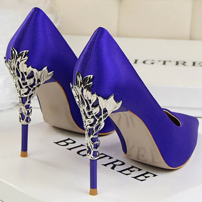 BIGTREE Shoes Women Pumps Flower Carved Metal Heel Women Shoes Fashion Wedding Shoes Satins Stilettos Heels 10 Cm High Heels