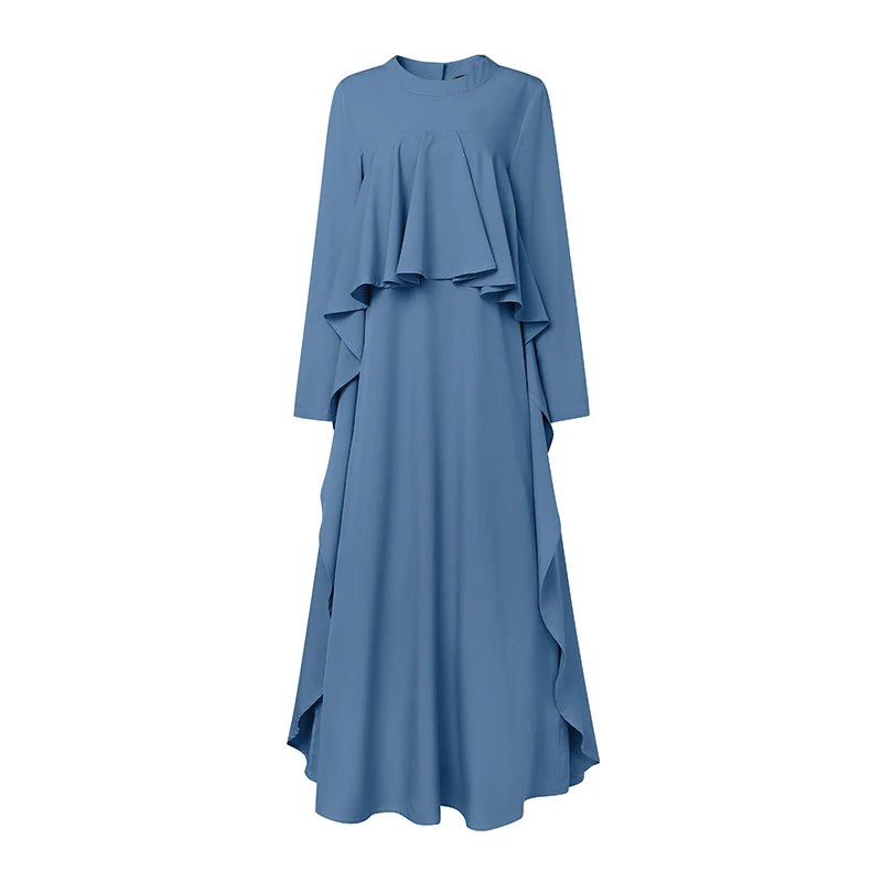 ZANZEA Women Elegant Long Sleeve Muslim Abaya Dress Robe Femme Stylish Ruffled Maxi Dresses Solid Loose Ramadan Sundress Kaftan