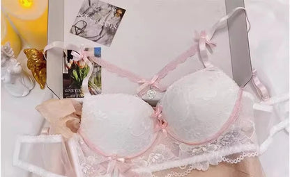 MOYISU Kawaii Heart Bra Set, Purple Lace Lingerie Sexy Pure Design, Push Up Bralette Sml Boobs Fashion Outerwear Statement Piece