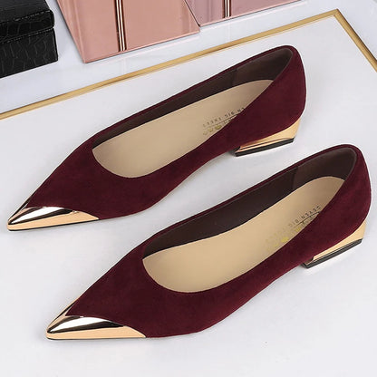 Retro Women's Low Heeled Shoes Suede Ladies Shoes Metal Pointed Tip Women Shoes Comfortable Female Shoes Low Heel Office Shoes