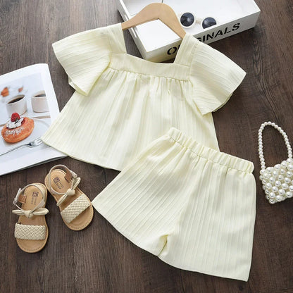 Bear Leader Version Kids Clothes Girls Summer Pink Sleeveless Printed Square Neck Top+Shorts Korean Fashion Casual 2-piece Set