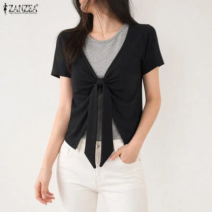 ZANZEA Summer Women Blouse Short Sleeve Fashion Tops Casual O Neck Patchwork Tee Party OL Work Blusas Tunic S-3XL Streetwear