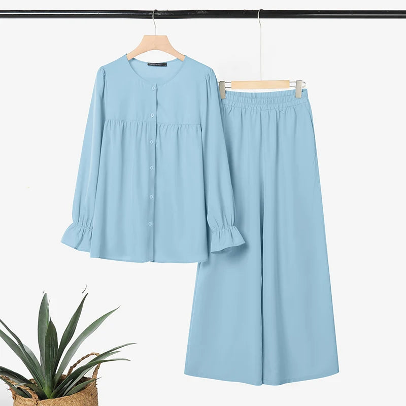 2026 ZANZEA Fashion Women Muslim 2 Piece Sets Casual O Neck Long Sleeve Tops Trousers Suit Ramadan Outfits Solid Color Tracksuit