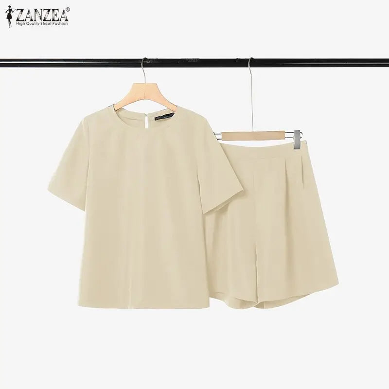 Fashion Summer Short Sleeve Blouse Short Sets 2026 ZANZEA Women Solid Color Tracksuit 2026 Stylish OL Work Outfits 2 Pieces Sets