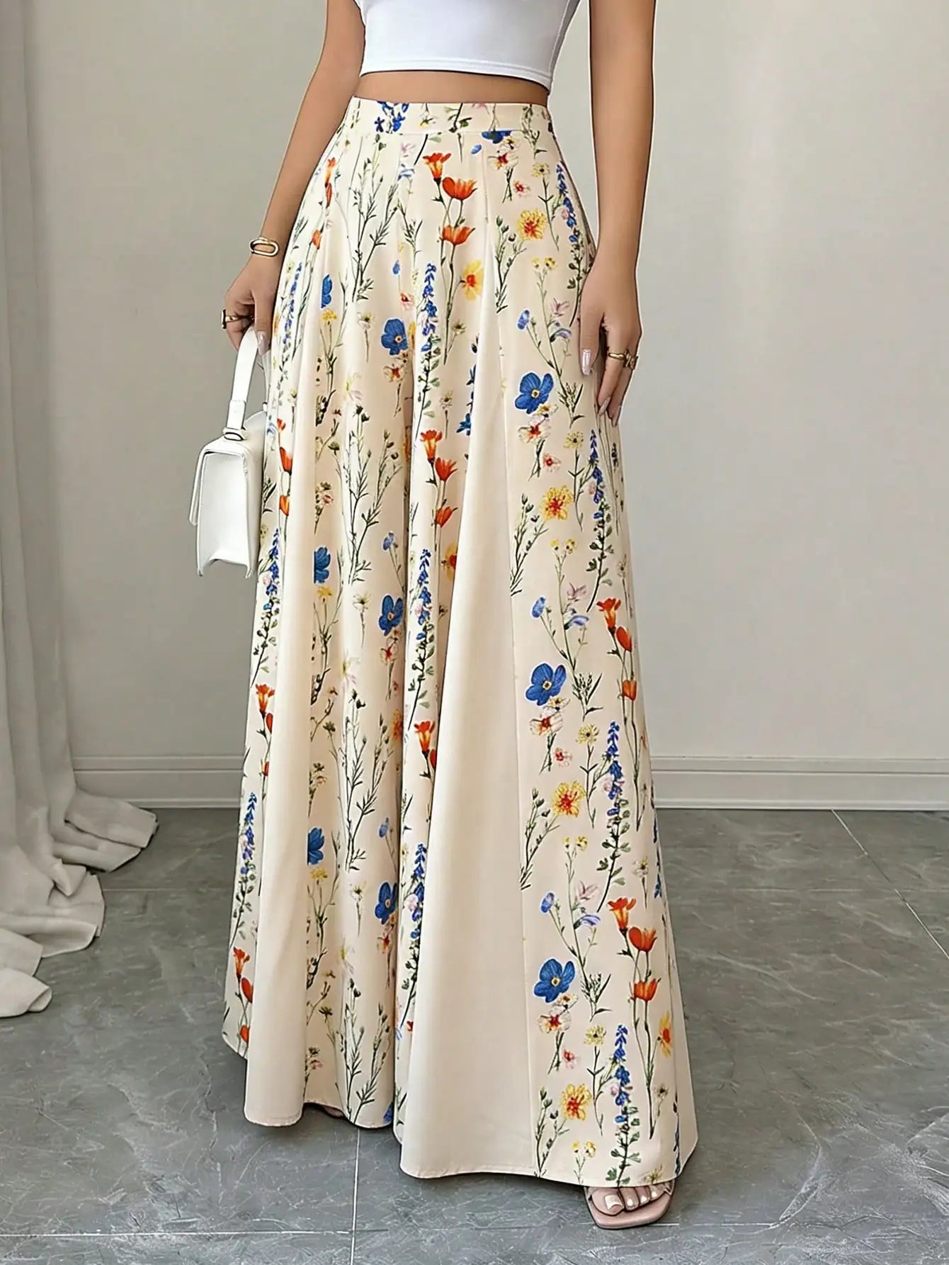 Vintage Floral Print High Waist Flowy Wide Leg Pants, Split Loose Beach Palazzo Pants