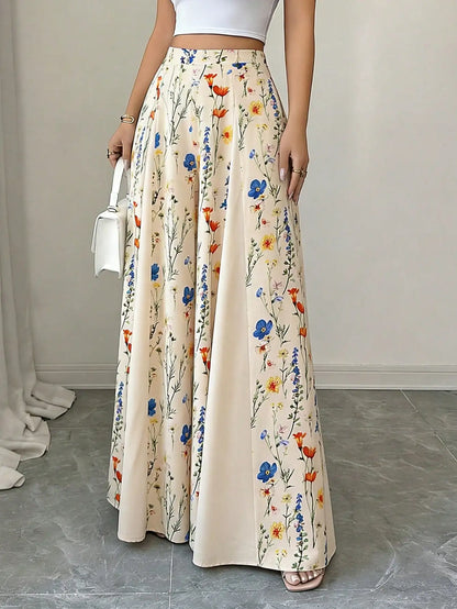 Vintage Floral Print High Waist Flowy Wide Leg Pants, Split Loose Beach Palazzo Pants