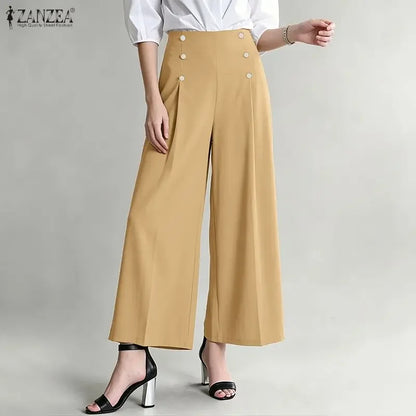 ZANZEA Summer Women High Waist Officewear Pants Stylish Pleated Trousers Elegant Casual Solid Loose Wide Leg Pantalon Streetwear