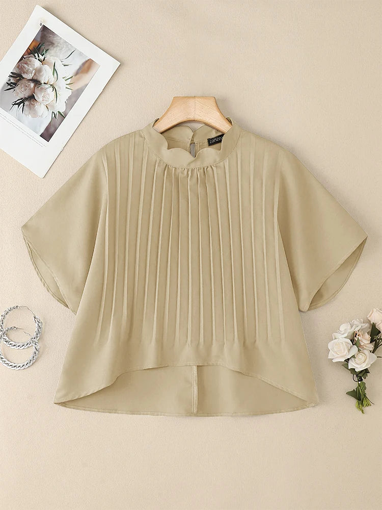 ZANZEA Elegant Pleated High-Low Blouses Womens 2025 Summer Casual Wavecut Stand Collar Short Sleeve Solid Color Tops Streetwear