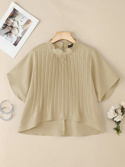 ZANZEA Elegant Pleated High-Low Blouses Womens 2025 Summer Casual Wavecut Stand Collar Short Sleeve Solid Color Tops Streetwear