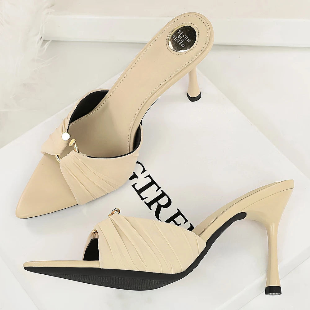 BIGTREE Shoes Pleated Lace Women Pumps Sexy High Heels Pointed Heeled Sandals Women Summer Shoes Stiletto Open Toed Slippers
