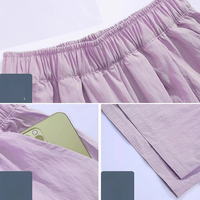 Summer Women's Wide-leg Pants Purple Thin Sunscreen Straight Pant Full Length Elastic Waist Casual Korean Fashion Trousers Women