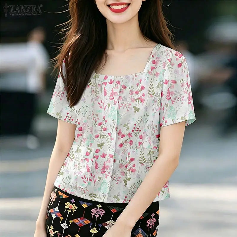 ZANZEA Women's Allover Floral Printing Shirts Elegant Square Neck Short Sleeve Button Up Blouses Summer Casual Day Chemise Femme