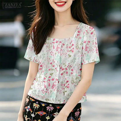 ZANZEA Women's Allover Floral Printing Shirts Elegant Square Neck Short Sleeve Button Up Blouses Summer Casual Day Chemise Femme