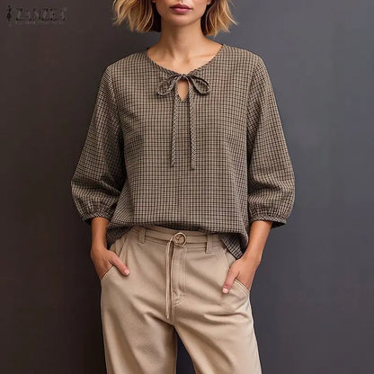 ZANZEA Woman Vintage Gingham Blouses Keyhole Tie-Neck 3/4 Lantern Sleeves Check Loose Tops Autumn Casual OL Work Blusas Mujer