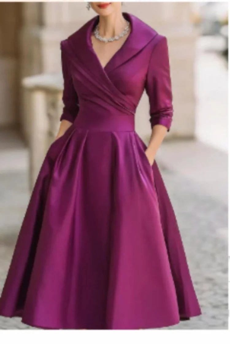 Women's Vintage V Neck Long Sleeve Wrap Waist A Line Midi Dress with Pockets