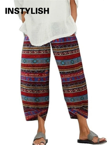 Women Cotton Linen Harem Pants Vintage Printed Wide Leg Trousers Casual Solid Pockets Harajuku High Waist Baggy Pants Joggers