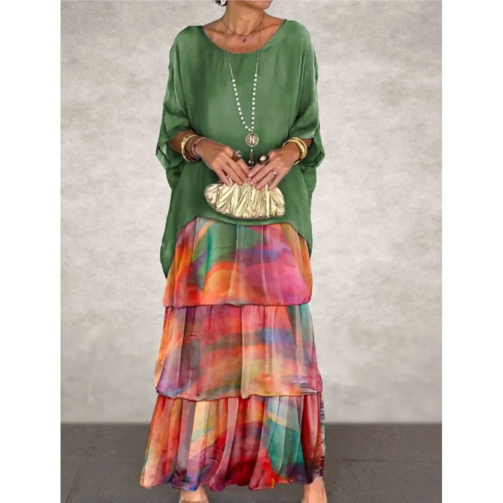 Fashion New Chiffon Printing Mesh Bat Sleeve O Neck Long Women's Dresses Summer Casual Loose Elegant Female Holiday Beach Dress