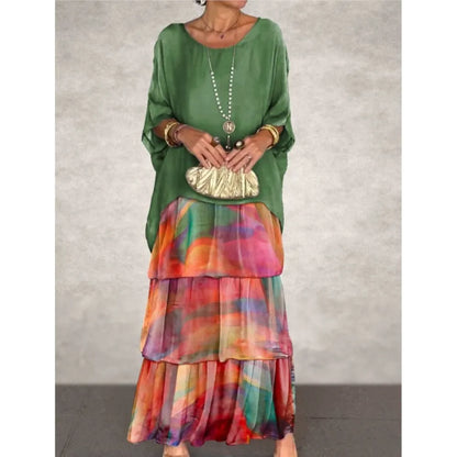 Fashion New Chiffon Printing Mesh Bat Sleeve O Neck Long Women's Dresses Summer Casual Loose Elegant Female Holiday Beach Dress