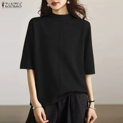 ZANZEA 2026 Minimalist Summer Woman T-Shirts Mock Neck Short Sleeves Seam Detail Solid Color Tees Casual Day Wear Tops 200G
