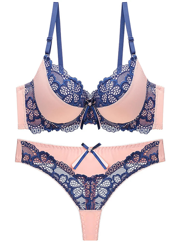Thong bra set push up Lace hollow out Brassiere bra and panty set Underwear Femme Panties Lingerie