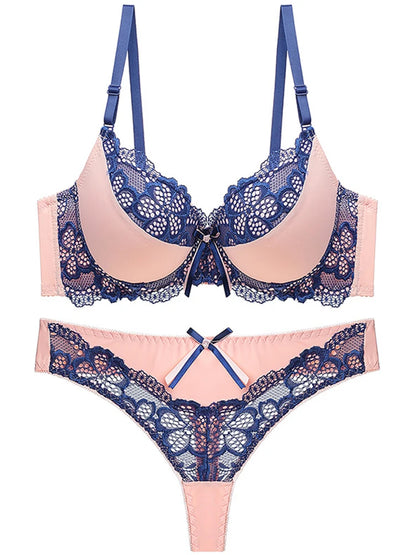 Thong bra set push up Lace hollow out Brassiere bra and panty set Underwear Femme Panties Lingerie