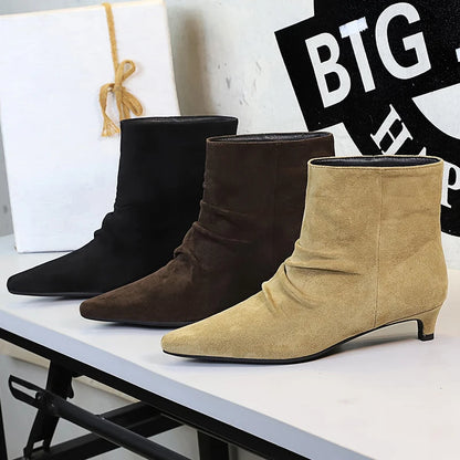 BIGTREE Shoes Retro Women Short Boots Suede Pleated Women Boots Low Heeled Autumn Winter Boots Quality Comfort Ladies' Shoes
