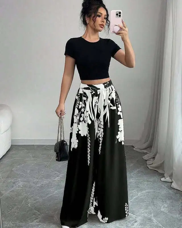 Women's Tropical Print Wide-Leg Pants, Elastic Waist Design, Slim Fit for Casual Vacation Wear