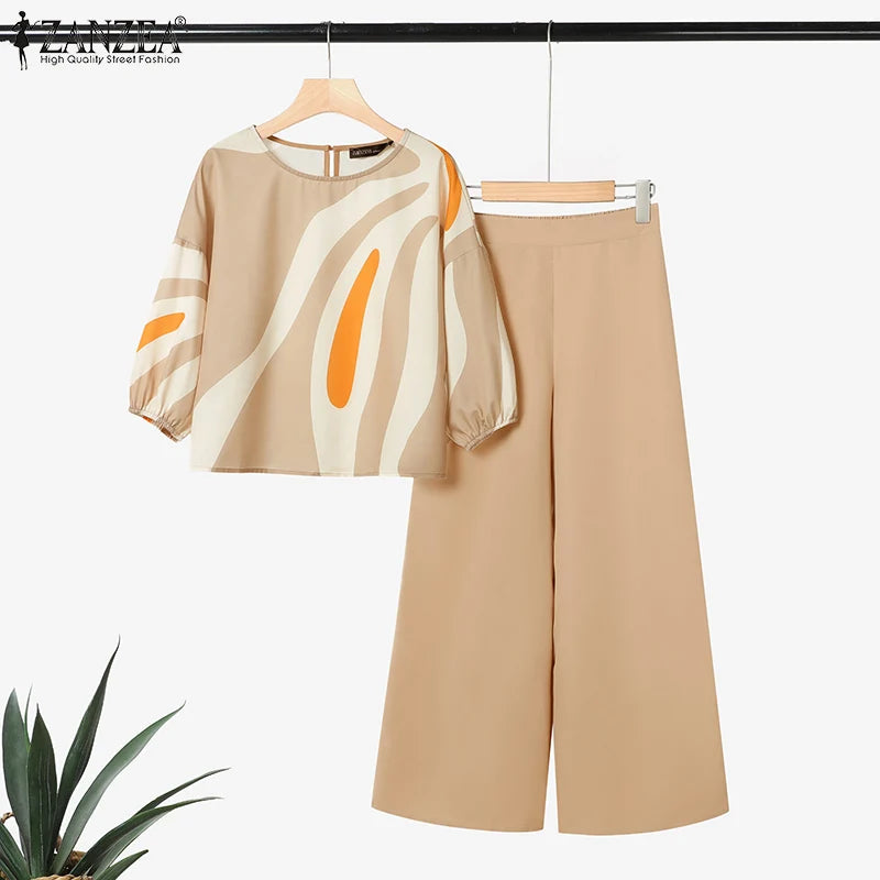 ZANZEA Women's Pant Sets with Abstract Waves Print 3/4 Sleeve Blouse & Wide Leg Pant 2 Pieces Suits Summer Casual 2pcs Outfits