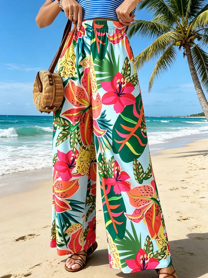 Women's Floral Tropical Wide Leg Pants Casual Comfortable Loose Fit Vacation Wear with Elastic Waist 2026