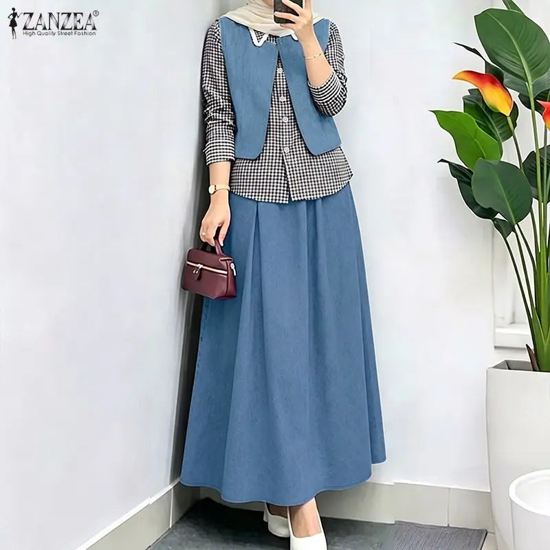 ZANZEA Women Muslim Sets Vintage Gingham Patchwork Fake 2 Pieces Blouse  Maxi Skirt Suit Casual Long Sleeve Tops Matching Sets