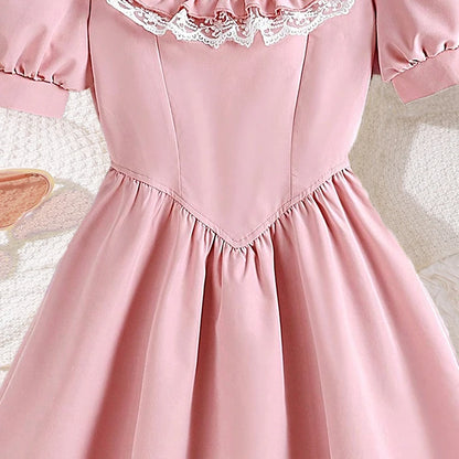 Sweet Elegant Pink Long Skirt Dress for 8-12 Year Old Girls Summer Square Collar Bubble Sleeve Lace Princess Party Gown