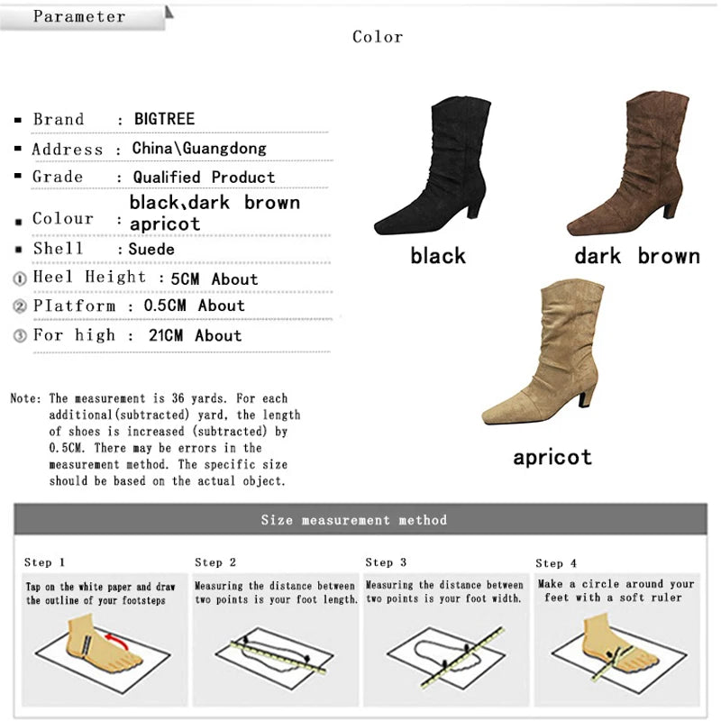 Retro Style Square Toe Western Cowboy Boots Women Shoes Suede Pleated Mid-Calf Boots Chunky Heel High Heel Boots Winter Shoes