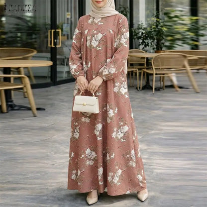 ZANZEA Muslim Abaya Women Bohemian Maxi Long Dress Floral Print Long Sleeve Round Neck Sundress Casual Loose Dresses Kaftan