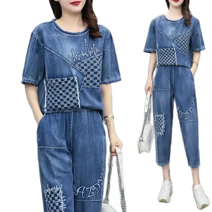 2026 Summer Women Embroidered Mosaic Lattice Denim Two-Piece Suit Fashion Sportswear Female Casual Loose 2 Piece Set Ladies